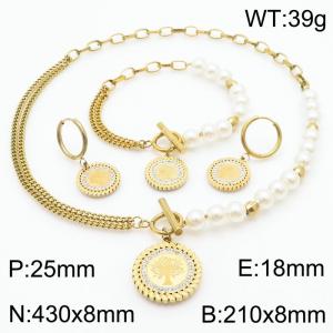 Pearl Splice Chain Golden Life Tree Pendant OT Buckle Titanium Steel Three Piece Set - KS216293-KSP