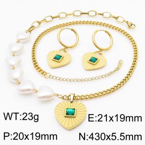 Light Luxury Gold Spliced Heart Shaped Titanium Steel Necklace Heart Earring Set - KS216296-KSP