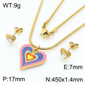 450 × 1.4mm fashionable stainless steel snake bone chain color heart-shaped charm gold earrings&necklace set - KS216505-ZI