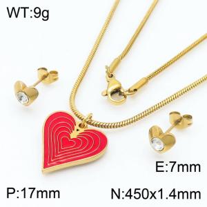 450 × 1.4mm fashionable stainless steel snake bone chain red heart-shaped charm gold earrings&necklace set - KS216506-ZI