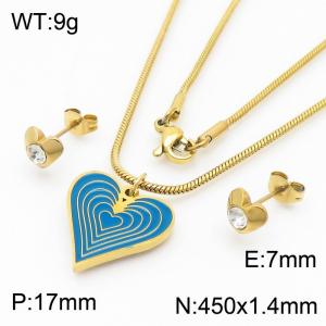 450 × 1.4mm fashionable stainless steel snake bone chain blue heart-shaped charm gold earrings&necklace set - KS216507-ZI