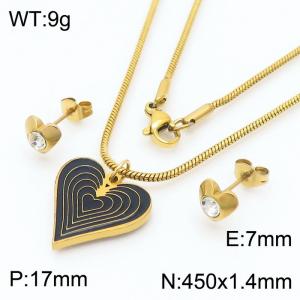 450 × 1.4mm fashionable stainless steel snake bone chain black heart-shaped charm gold earrings&necklace set - KS216509-ZI