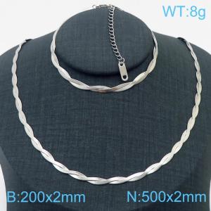 Stainless Steel Braided Herringbone Necklace Set for Women Silver - KS216600-Z