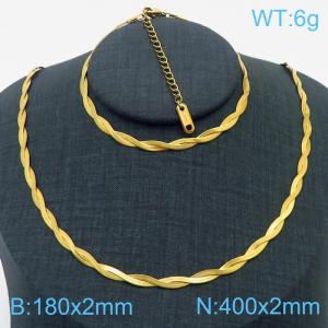 Stainless Steel Braided Herringbone Necklace Set for Women Gold - KS216601-Z