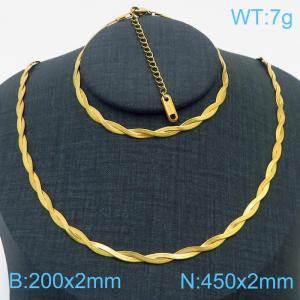 Stainless Steel Braided Herringbone Necklace Set for Women Gold - KS216602-Z
