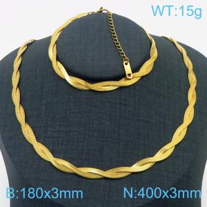 Stainless Steel Braided Herringbone Necklace Set for Women Gold - KS216652-Z