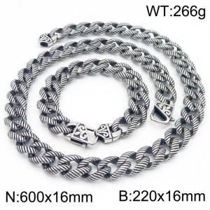 Men Stainless Steel Striped Surface Cuban Chain Jewelry Set with 220mm Bracelet&600mm Necklace - KS216682-KJX