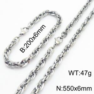 6mm Fashion and personalized Stainless Steel Polished Bracelet Necklace Set Color Silver - KS216819-Z