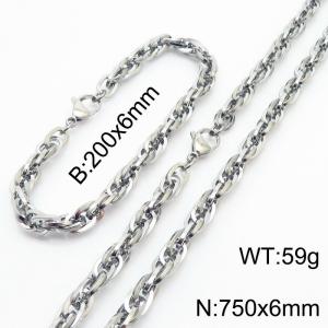 6mm Fashion and personalized Stainless Steel Polished Bracelet Necklace Set Color Silver - KS216823-Z