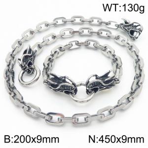 Silver Color 200x9mm Bracelet 450X9mm Necklace Dragon Head Clasp Link Chain Jewelry Set For Women Men - KS217062-Z