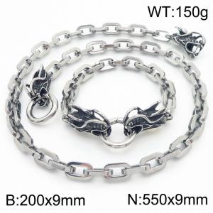 Silver Color 200x9mm Bracelet 550X9mm Necklace Dragon Head Clasp Link Chain Jewelry Set For Women Men - KS217064-Z