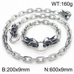 Silver Color 200x9mm Bracelet 600X9mm Necklace Dragon Head Clasp Link Chain Jewelry Set For Women Men - KS217065-Z