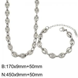 9MM Stainless Steel Pig Nose Chain Jewelry Set for Women Polished Round Beads Pieces Links Bracelet Necklace - KS217202-Z