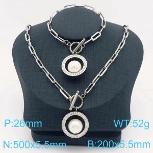 European and American fashion stainless steel diamond inlaid circular pearl bracelet necklace two-piece set - KS217535-Z