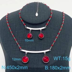 Fashionable and trendy stainless steel curved piece connected double gemstone pendant bracelet necklace two-piece set - KS218404-Z