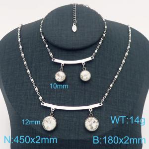 Fashionable and trendy stainless steel curved piece connected double gemstone pendant bracelet necklace two-piece set - KS218405-Z