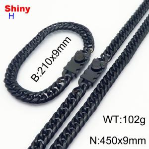 450mm 9mm Stainless Steel Set Necklace Bracelet Cuban Chain Safety Buckle Black Color - KS218444-Z