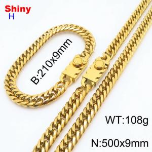 500mm 9mm Stainless Steel Set Necklace Bracelet Cuban Chain Safety Buckle Gold Color - KS218452-Z