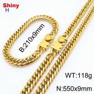 550mm 9mm Stainless Steel Set Necklace Bracelet Cuban Chain Safety Buckle Gold Color - KS218453-Z