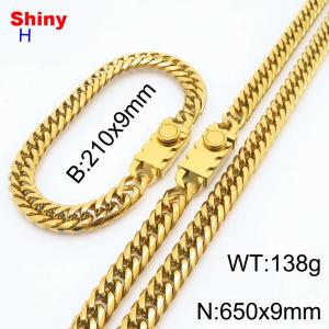 650mm 9mm Stainless Steel Set Necklace Bracelet Cuban Chain Safety Buckle Gold Color - KS218455-Z