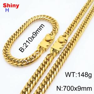 700mm 9mm Stainless Steel Set Necklace Bracelet Cuban Chain Safety Buckle Gold Color - KS218456-Z