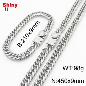 450mm 9mm Stainless Steel Set Necklace Bracelet Cuban Chain Safety Buckle Silver Color - KS218458-Z