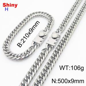 500mm 9mm Stainless Steel Set Necklace Bracelet Cuban Chain Safety Buckle Silver Color - KS218459-Z