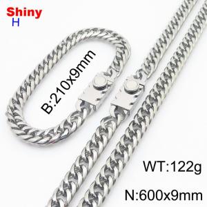 600mm 9mm Stainless Steel Set Necklace Bracelet Cuban Chain Safety Buckle Silver Color - KS218461-Z