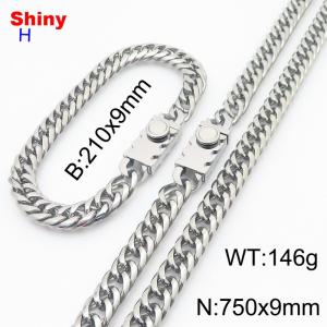 750mm 9mm Stainless Steel Set Necklace Bracelet Cuban Chain Safety Buckle Silver Color - KS218464-Z