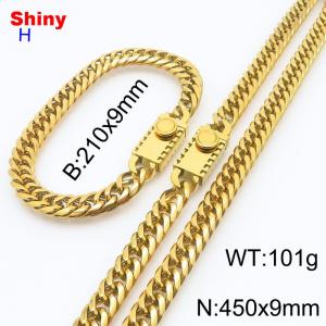 450mm 9mm Stainless Steel Set Necklace Bracelet Cuban Chain Safety Buckle Gold Color - KS218465-Z