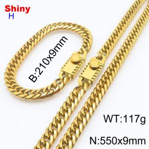 550mm 9mm Stainless Steel Set Necklace Bracelet Cuban Chain Safety Buckle Gold Color - KS218467-Z