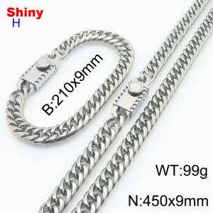 450mm 9mm Stainless Steel Set Necklace Bracelet Cuban Chain Safety Buckle Silver Color - KS218472-Z