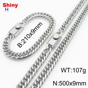 500mm 9mm Stainless Steel Set Necklace Bracelet Cuban Chain Safety Buckle Silver Color - KS218473-Z