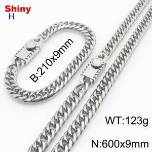 600mm 9mm Stainless Steel Set Necklace Bracelet Cuban Chain Safety Buckle Silver Color - KS218475-Z