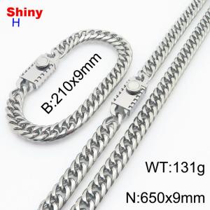 650mm 9mm Stainless Steel Set Necklace Bracelet Cuban Chain Safety Buckle Silver Color - KS218476-Z