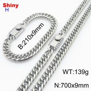 700mm 9mm Stainless Steel Set Necklace Bracelet Cuban Chain Safety Buckle Silver Color - KS218477-Z