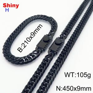 450mm 9mm Stainless Steel Set Necklace Bracelet Cuban Chain Safety Buckle Black Color - KS218479-Z