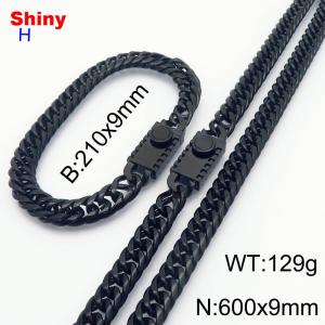 600mm 9mm Stainless Steel Set Necklace Bracelet Cuban Chain Safety Buckle Black Color - KS218482-Z