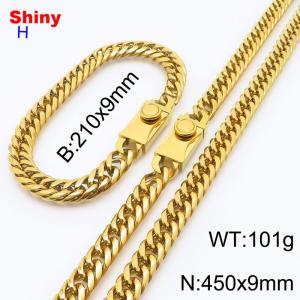 450mm 9mm Stainless Steel Set Necklace Bracelet Cuban Chain Safety Buckle Gold Color - KS218486-Z