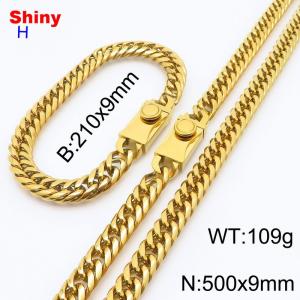 500mm 9mm Stainless Steel Set Necklace Bracelet Cuban Chain Safety Buckle Gold Color - KS218487-Z