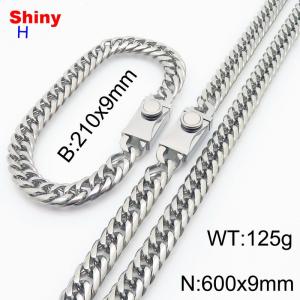 600x9mm necklace stainless steel Cuban chain steel color bracelet necklace set - KS218496-Z