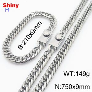 750x9mm necklace stainless steel Cuban chain steel color bracelet necklace set - KS218499-Z