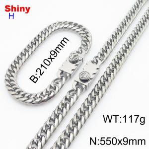 550x9mm necklace stainless steel Cuban chain steel color bracelet necklace set - KS218516-Z