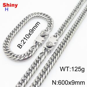 600x9mm necklace stainless steel Cuban chain steel color bracelet necklace set - KS218517-Z