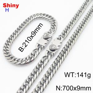 700x9mm necklace stainless steel Cuban chain steel color bracelet necklace set - KS218519-Z