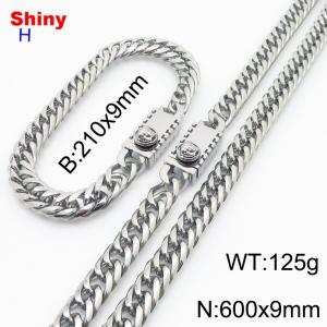 600x9mm necklace stainless steel Cuban chain steel color bracelet necklace set - KS218538-Z