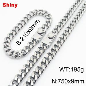 210x9mm Bracelet 750x9mm Necklace Silver Color Stainless Steel Big Heavy Round Cuban Link Chain Jewelry Sets For Men Women - KS218555-Z