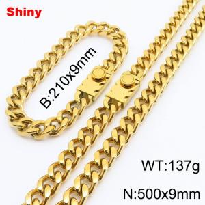 210x9mm Bracelet 500x9mm Necklace Gold Color Stainless Steel Cuban Link Chain Jewelry Sets For Men Women - KS218557-Z