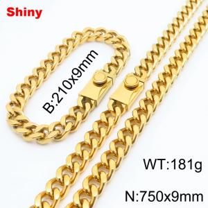 210x9mm Bracelet 750x9mm Necklace Gold Color Easy Clasp Stainless Steel Cuban Link Chain Jewelry Sets For Men Women - KS218576-Z