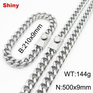 210x9mm Bracelet 500x9mm Necklace Silver Color Easy Clasp Stainless Steel Shiny Cuban Link Chain Jewelry Sets For Men Women - KS218578-Z